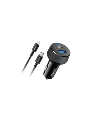 Anker PowerDrive Classic 30W car charger, with two USB and Type-C ports, with a 0.9 cm charger cable from Type-C to Lightning - Black