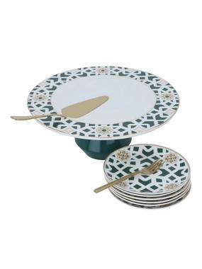 Cake serving set (plates + forks + cake spoon) white, green and gold pattern