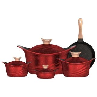 Cherry titanium granite pot set with wooden handle, 9 pcs