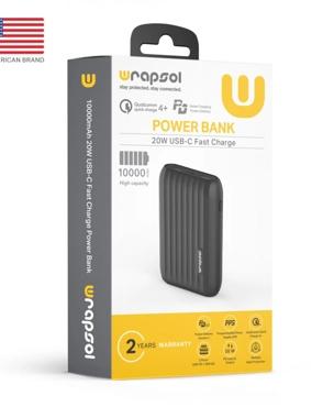 Wrapsol power bank 10000mah pd 20w & qc4+ fast charge - black