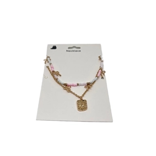 Double Layer Necklace with Pink and Gold Beads