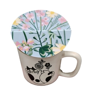 Ceramic cup with Cat Print and Floral Lid