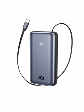 JODA 10000mAh 35W Portable Battery with Type-C PD Port and Built-in Type-C Cable - Black