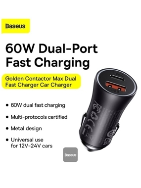 Baseus Golden Contactor Max Dual Fast Charger Car Charger U+C 60W Dark Gray
