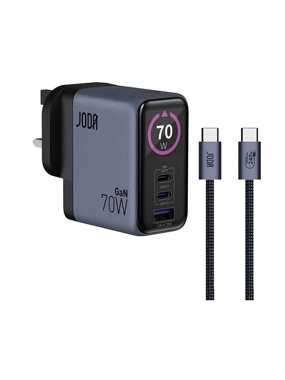 JODA VoltLux 70W GaN Wall Charger – Dual USB‑C + USB‑A – Includes USB‑C Cable – Grey