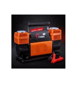 Professional 2-piston air compressor for inflating car tires, 12V, 150 PSI, 300 L/min capacity, with air pressure gauge.