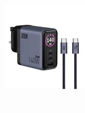 JODA VoltLux 140W GaN Wall Charger – Dual USB‑C + USB‑A – Includes USB‑C Cable – Grey