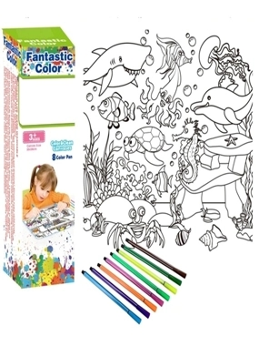 "Washable Canvas Coloring Set – Sea Life Theme with 8 Color Markers – Size 8×8×26 cm "