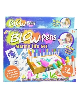 "BLOW Pens Marine Life Set – 12 Color Airbrush Pens + Stencils + Pump – Size 35.5×22×4.5 cm – Fun Creative Toy for Kids Ages 5+ "