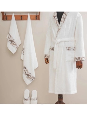 Avco Turkish Cotton Embroidered White Bathrobe Set, 5 Pieces