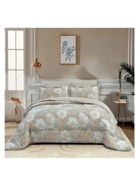 Manal Winter Comforter Set – Single and a half Size, Beige & Gray Faux Fur with Floral Patterns, 4 Pieces