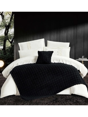 Firenze Luxury Winter Soft Fur Comforter Set with Black Blanket – Double Size, White, 8 Pieces