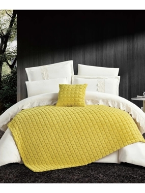 Firenze Luxury Winter Soft Fur Comforter Set with Yellow Blanket – Double Size, White, 8 Pieces