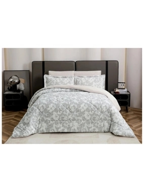 esManal Winter Comforter Set – single and a half Size, White & Gray Faux Fur with Floral Patterns, 4 Piec