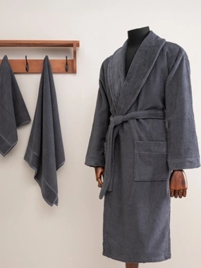 Bartesia Turkish Cotton Grey Bathrobe Set - 3 Pieces