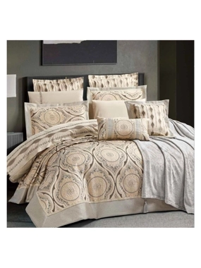 Honeymoon Summer Embroidered Jacquard Cotton Comforter Cover Set – Double, Gold & Gray, 12 Pieces