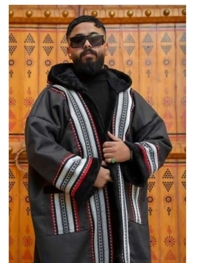 Men's winter coat, black color, with a traditional Arabic Sadu design.