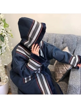 Navy blue winter fur coat with a traditional Arabic Sadu design