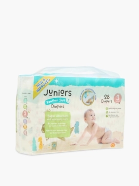 Juniors 28-Piece Tape Style Diapers Size 3 (11-18 kg) Feather Soft Mega Value Pack