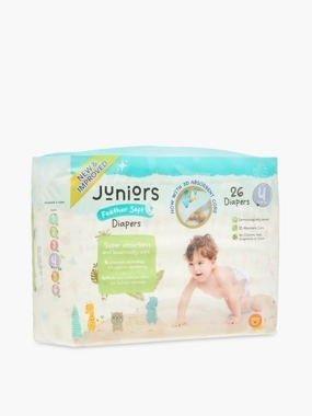 Juniors 26-Piece Tape Style Diapers Size 4 (11-18 kg) Feather Soft Mega Value Pack