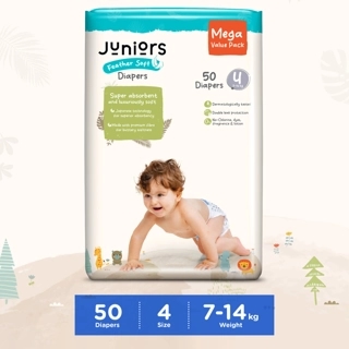 Juniors 50-Piece Tape Style Diapers 6-36 Months Size 4 (7-14 kg) Feather Soft Value Pack