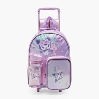 Sanrio Kuromi Print 3-Piece School Trolley Bag Set for Girls 3-5 Years with Lunch Box - 14 inches