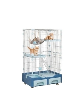 A multi-level cat cage with wheels, available in multiple colors