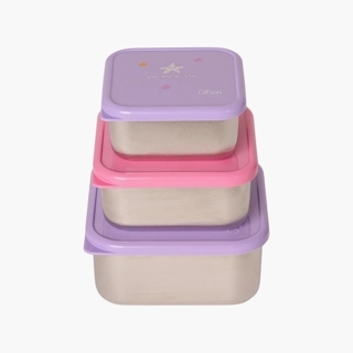 Lunch Box-Set Of 3-1200Ml-Mermaid-Square (Stainless Steel) Purple \ 12X12X6.7