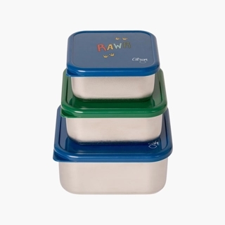 Lunch Box-Set Of 3-1200Ml-Dino-Square (Stainless Steel) Blue \ 12X12X6.7