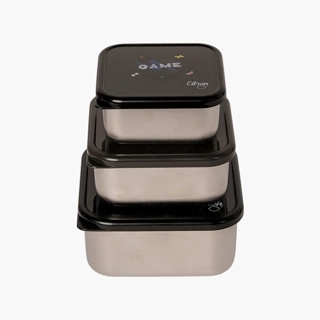 Lunch Box-Set Of 3-1200Ml-Gaming-Square (Stainless Steel) Black \ 12X12X6.7