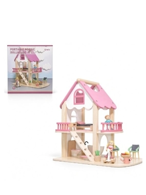 Wooden Dollhouse with Furniture & Figures
