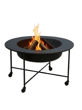 Black Iron Wood Fire Pit with Wheels for Heating and Grilling 60×60*30 cm