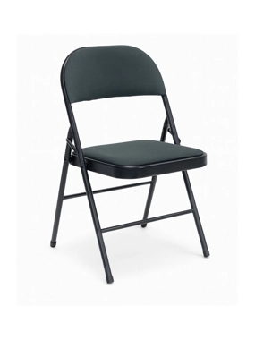 Folding camping chair with olive-colored padded leather and black iron frame