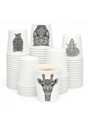 Large paper tea cups, white, 18 pieces, with colored designs, from Ecohome