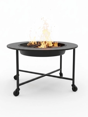 Mobile stove with wheels for heating and grilling, 60x60 cm, 50 cm high, black, round
