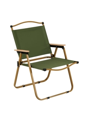 Lightweight folding camping chair in green with a sturdy iron base in gold