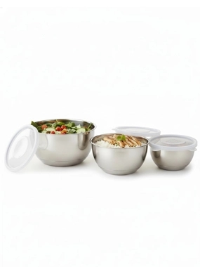 Set of 3 Stainless Steel Food Containers with Plastic Lids