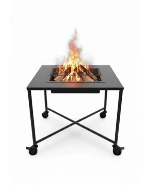 Square iron with wheels wood-burning stove for heating and grilling, 60x60 cm, black, 60 cm high