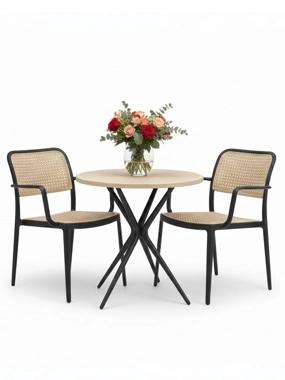 Modern Outdoor Seating Set Plastic Chairs and Table with Strong Black Metal Bases 3 pcs