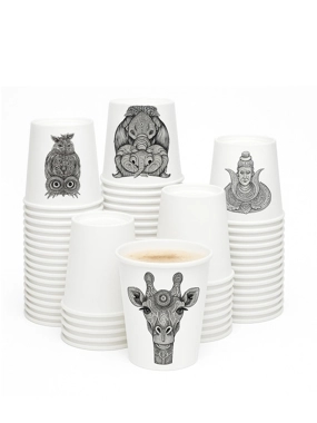 Large paper tea cups, white, 50 pieces, with colored designs, from Ecohome