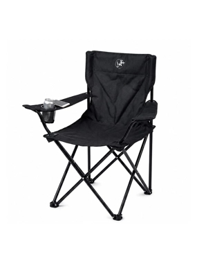 Black foldable camping chair with cup holder
