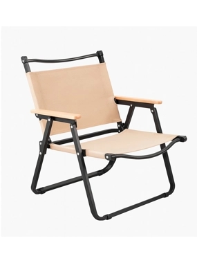 Folding Garden Chair with a Solid Metal Frame in Wood Color and a Beige Fabric Seat