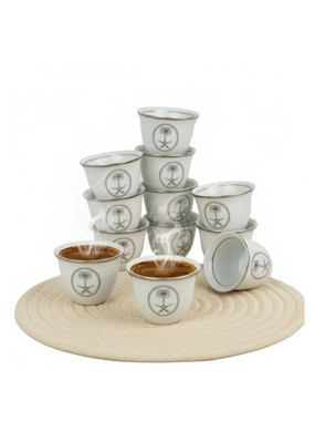 Porcelain Arabic Coffee Cups Set 12 Cups with Sword & Palm Tree Emblem and Silver Rims