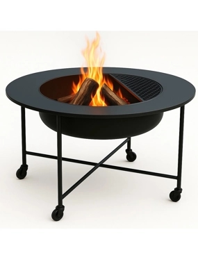 Black Iron Wood Fire Pit with Wheels for Heating and Grilling  60×60 cm