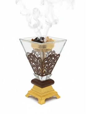 Large Crystal, Glass, and Wood Toned Metal Incense Burner