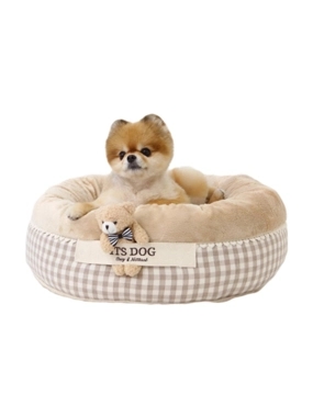 Soft fur dog bed and seat with a teddy bear toy on the front, available in multiple colors, medium size.