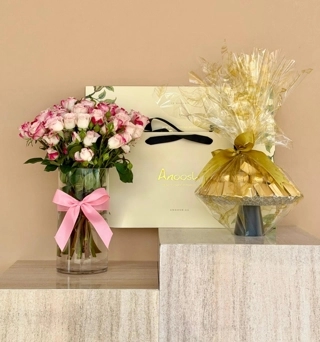 Anoosh Chocolate Tray with Pink Vase
