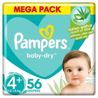 Pampers Baby Dry Tape Diapers Size 4+ Extra Absorption (10-15 Kg) Mega Pack 56 Pcs