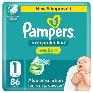 Pampers Tape Diapers With Aloe Vera Lotion Size 1 New Born (2-5 Kg) 86 Pcs