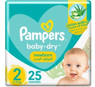 Pampers Baby Dry Tape Diapers With Aloe Vera Lotion Size 2 Newborn (3-8 Kg) 25 Diapers